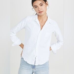 Frank & Eileen Barry denim button up shirt. White tattered denim. Size xl